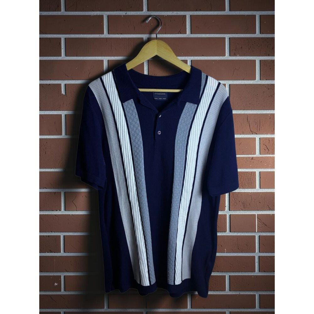 Stitches & Rivets Men's XL Knit Polo Navy Gray White Retro Short Sleeve